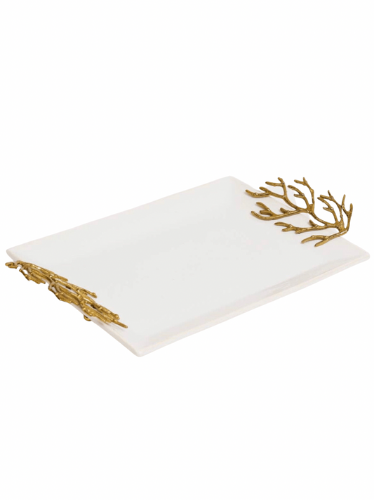 17.5L White Ceramic Tray with Gold Coral Designed Handles sold by KYA Home Decor.