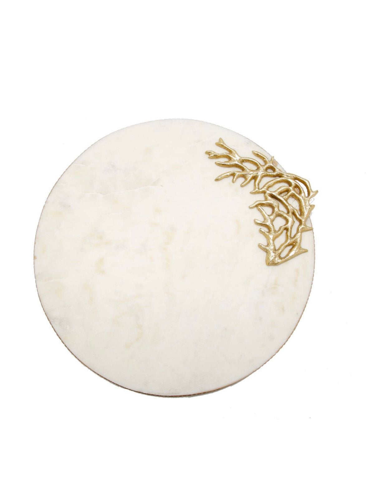 13D Round White Marble Serving Tray with Luxury Gold Branch Details and Gold Rim Top View - KYA Home Decor