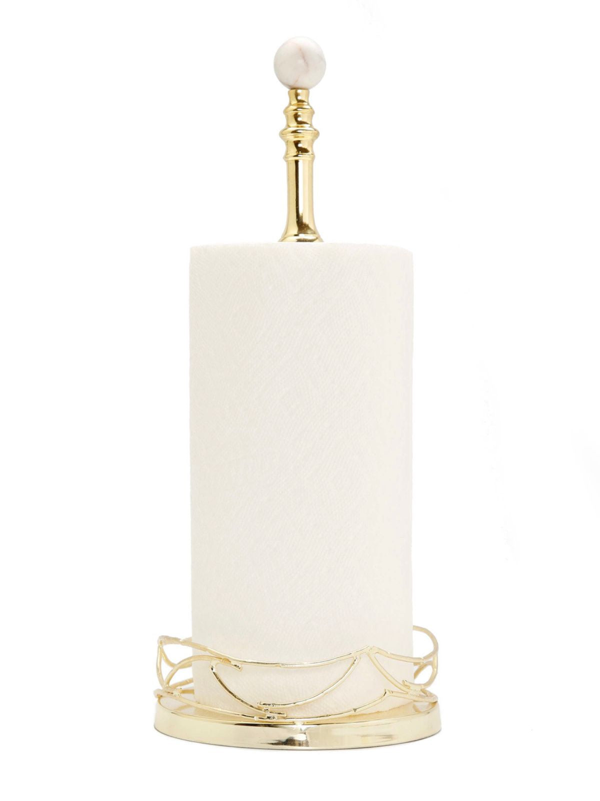 This stunning paper towel holder features a marble top and gold mesh design Sold by KYA Home Decor.