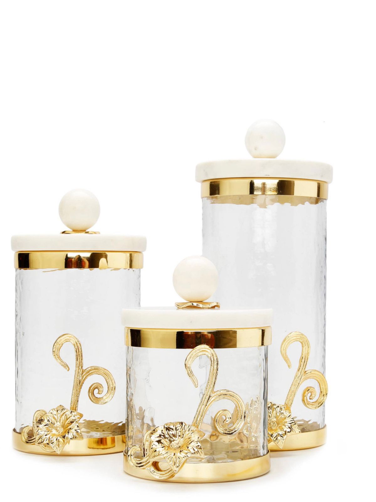 Luxury Kitchen Glass Canister with Gold Flower Design and Marble Lid, 3 Sizes - KYA Home Decor.