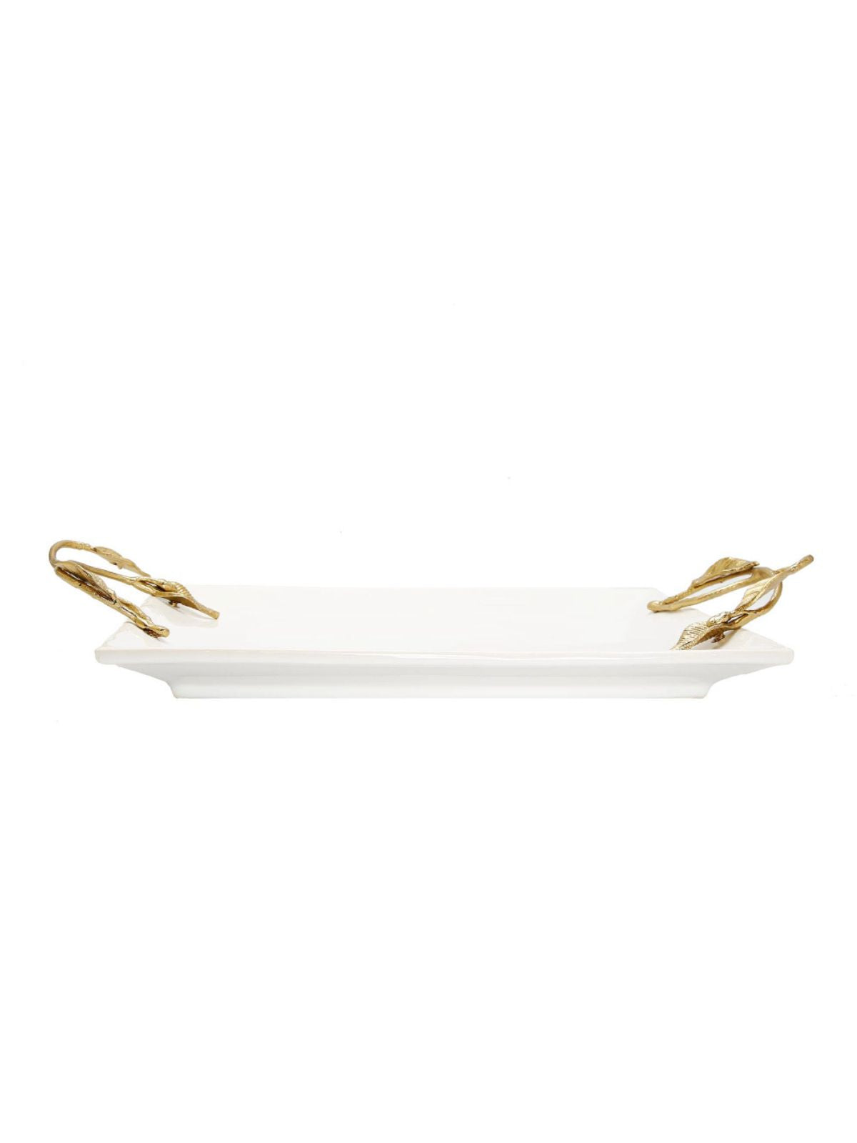 White Ceramic Tray with Gold Leaf Designed Handles, 14.5L x 10.5.