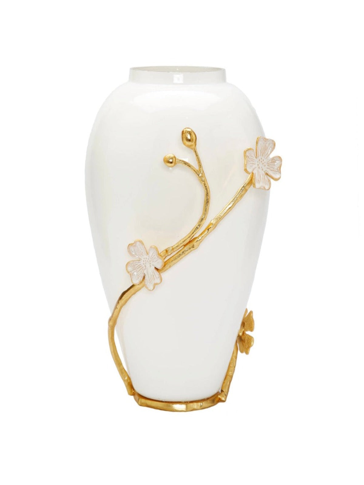 This 11H Cherry Blossom White Porcelain Vase is designed with gold branches and flowers surrounding its exterior.