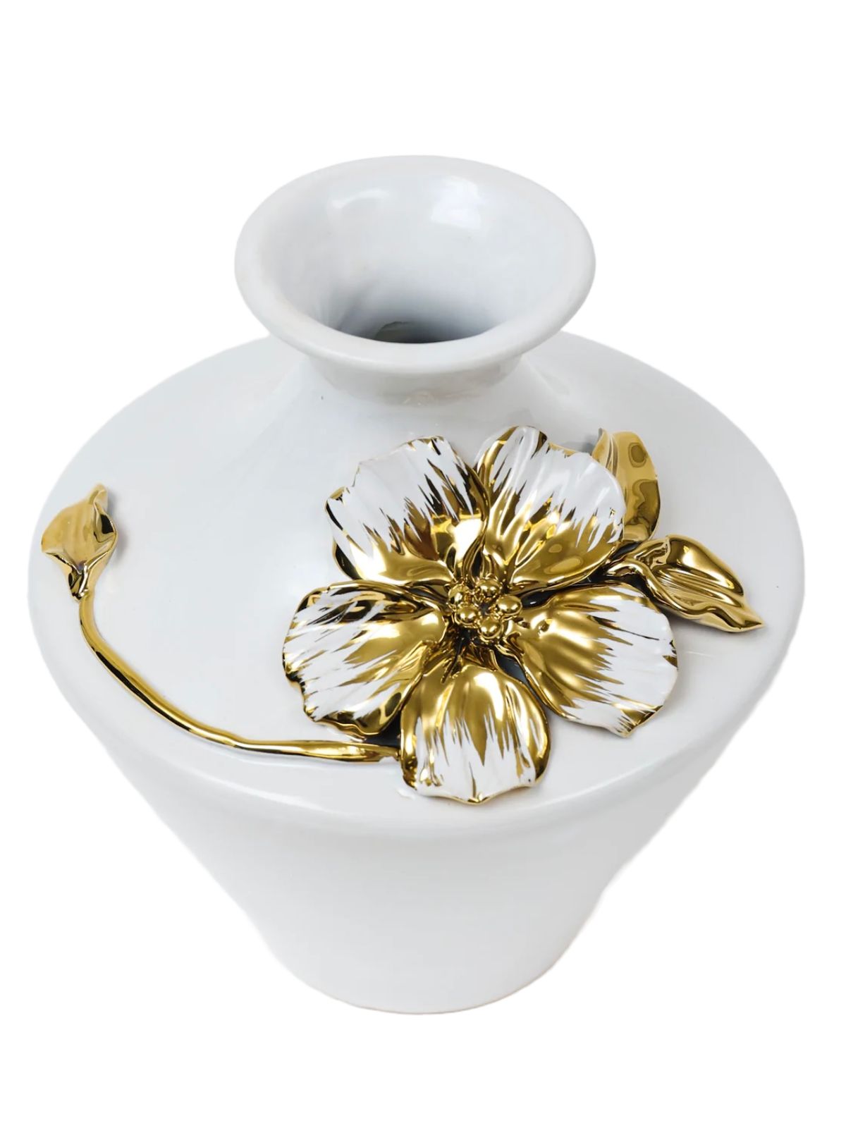 The astonishing Rosella White Vase with Gold Flower Design is is a must-have item! The white ceramic vase is enhanced by the bold 3D gold and white floral design! 