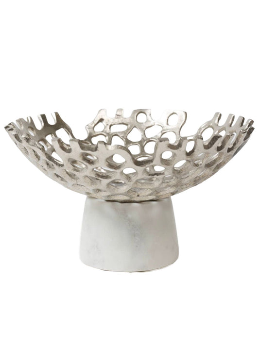 Silver Cutout Metal Bowl on White Marble Base, 5.5H x 9.5W.