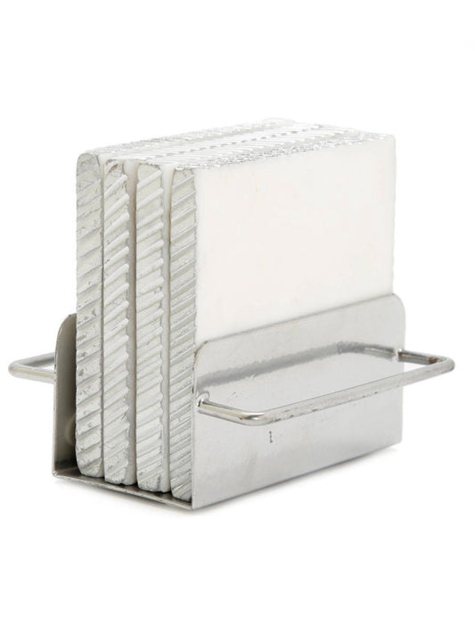 These 4 inch marble coasters with a silver edge includes an elegant hammered gold holder making it absolutely beautiful to display on your coffee table.