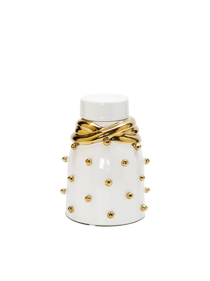 White Ceramic Lidded Jar With Gold Studded Details, Small.