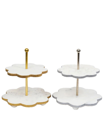 2 Tiered White Marble Cake Stand with Flower Shaped Design, 2 Colors - KYA Home Decor