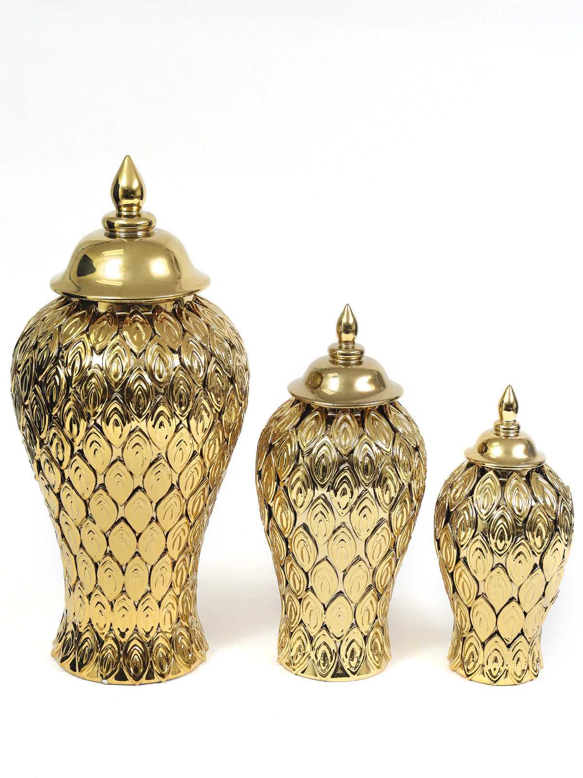 Gold Flower Petal Ceramic Ginger Jar with Lid. Available in 3 Sizes, Sold by KYA Home Decor.