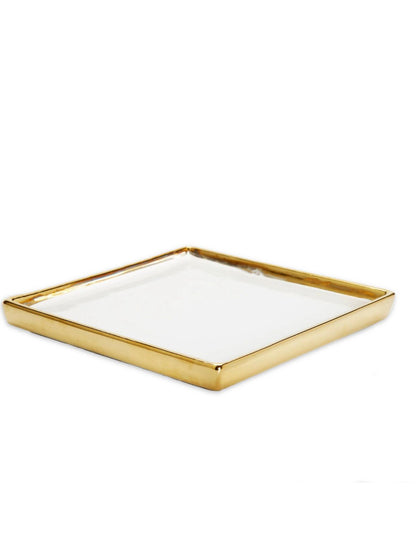 8.75 inch White Square Ceramic Decorative Tray with Luxury Gold Edges Sold by KYA Home Decor.