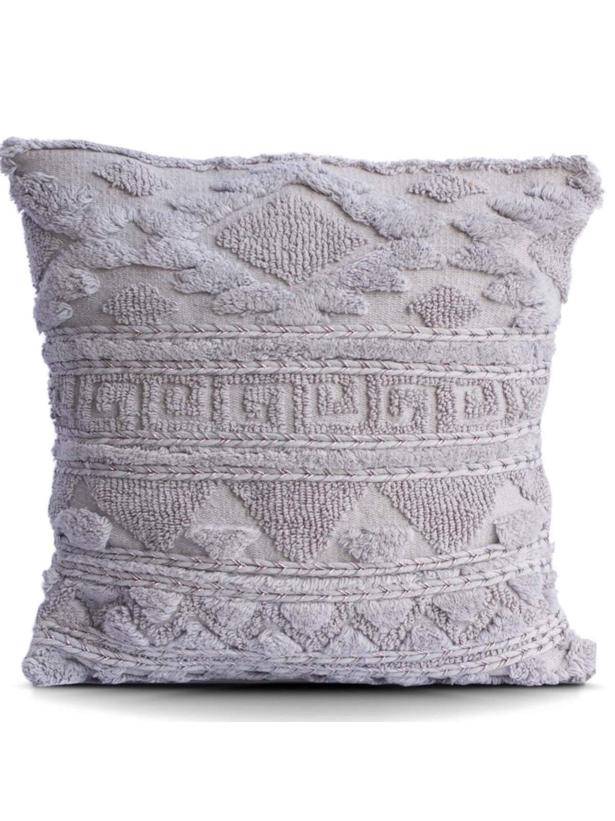 This 18x18 Greek Key gray tufted decorative pillow is inspired by the classic design element of the greek key symbolizing infinity and the eternal flow of life. Sold by KYA Home Decor