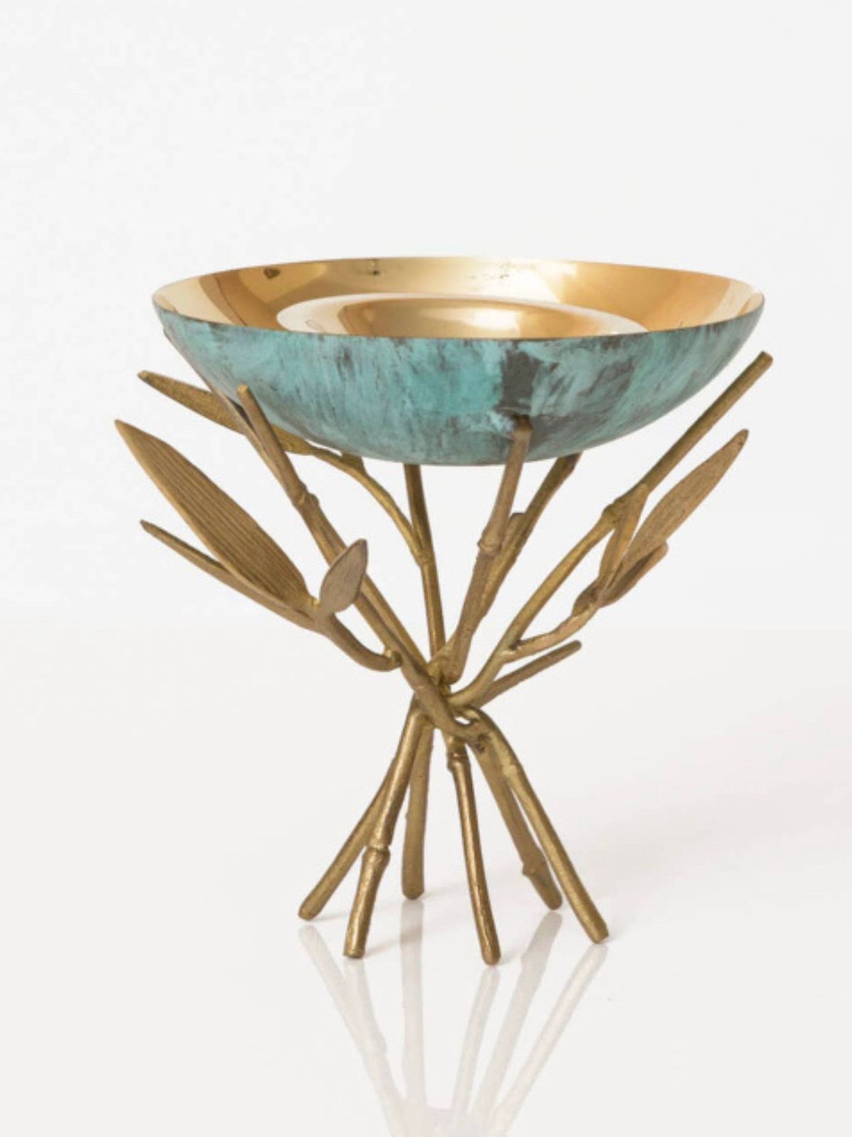 Green Decorative Luxury bowl with gold interior sitting on a gold branch stand, sold by KYA Home Decor.