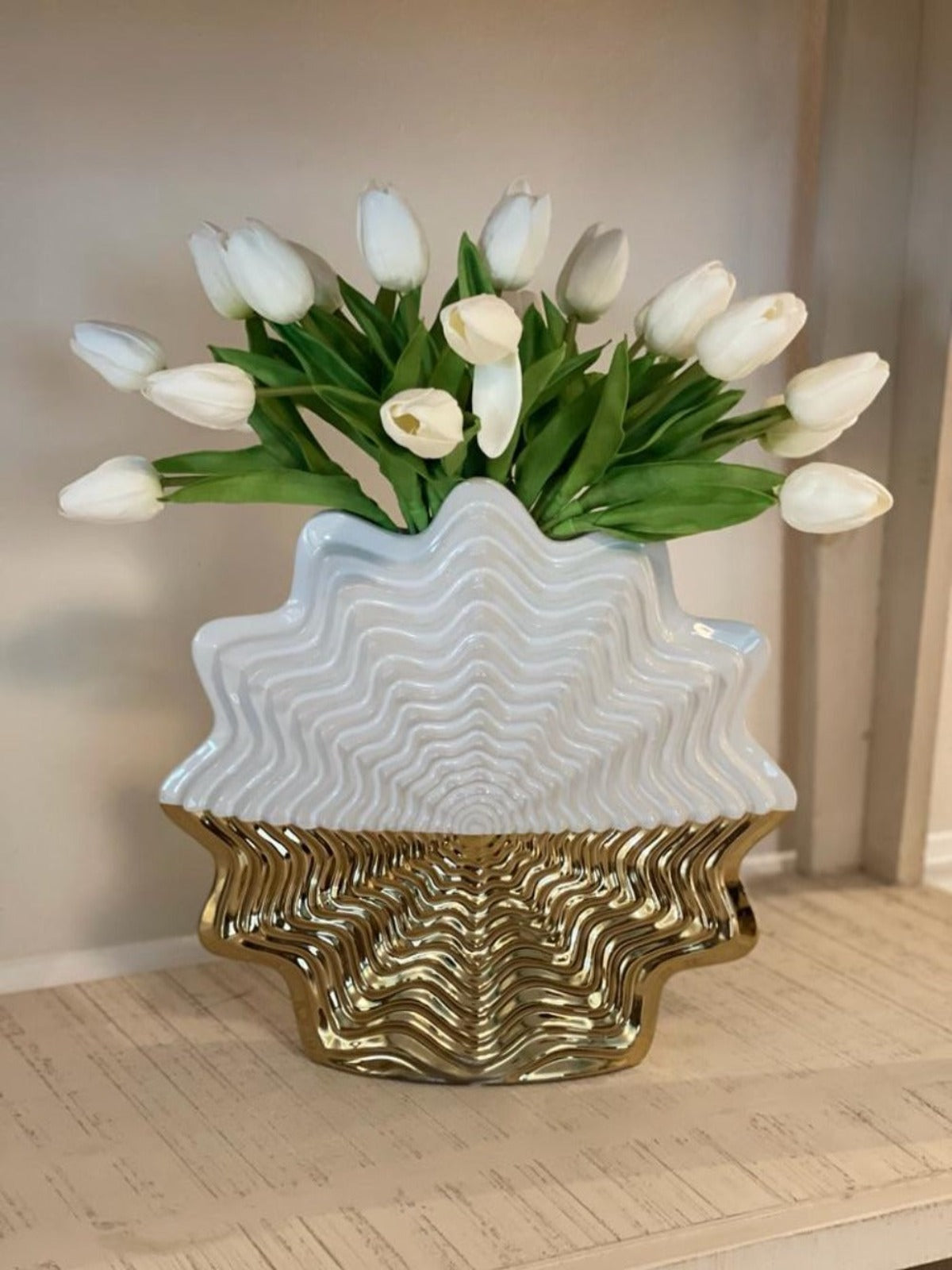 11H White and Gold Star Designed Porcelain Vase with Faux Flowers - KYA Home Decor