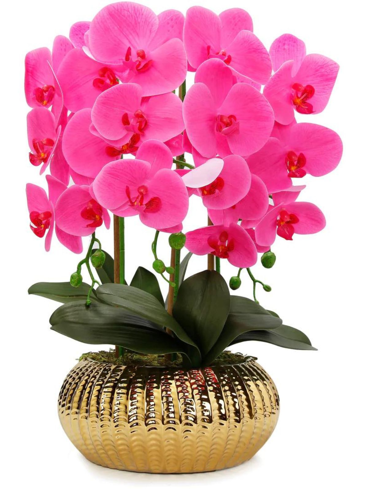 Pink Silk Orchid Floral Arrangement sitting on a bed of green leaves in Flat Round Gold Ridged Porcelain Vase.