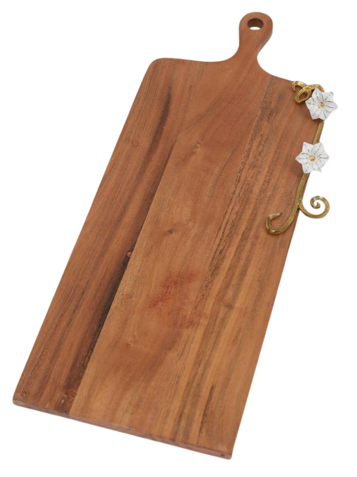 Luxurious Wood Charcuterie Board with White Lotus Flower Design and Handle, 24L X 9W.