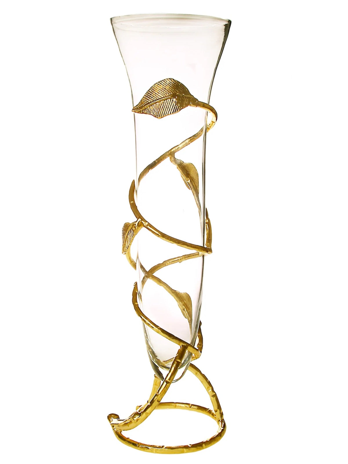 16.5H Stainless Steel Gold Spiral Leaf Vase with Luxurious Clear Glass Insert - KYA Home Decor