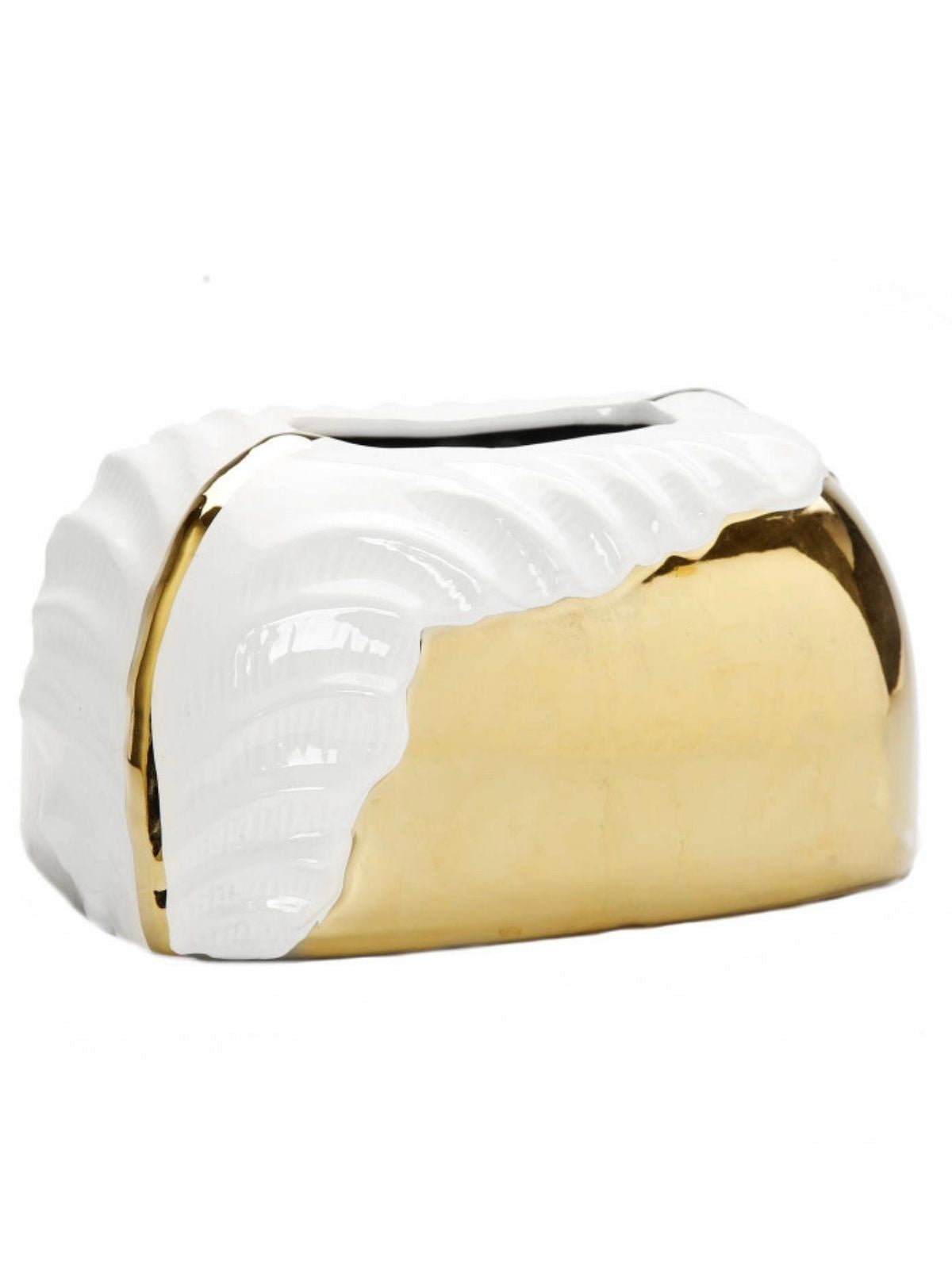 This tissue holder is the most stylish way to dress up your room! We love the gold and white textured detail on it!