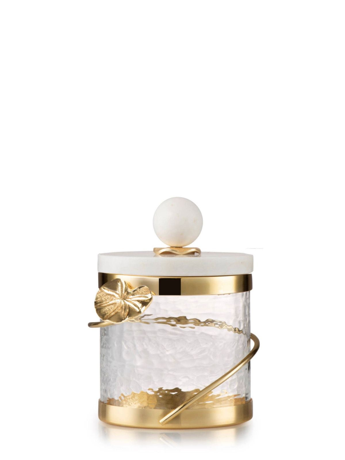 The Cuore D’ Oro Glass Canister Has A Gold Leaf Design & Marble Lid Small Size From KYA Home Decor
