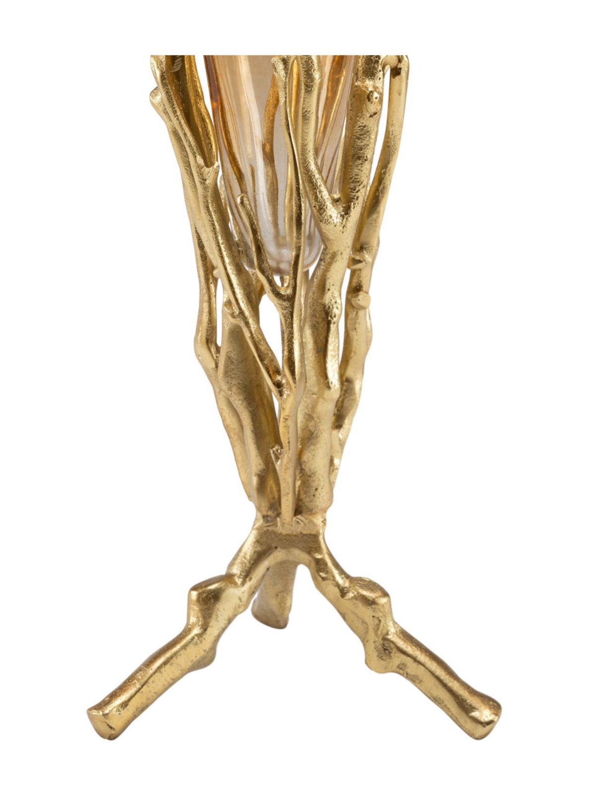 Enjoy this 27H golden floral vase as a decorative centerpiece featuring a gold tree branch metal base with a glass vase insert.