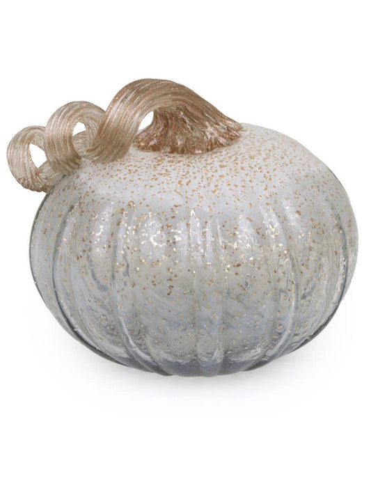 This Twilight Grey Glass Pumpkin is perfect for decorating your home during fall season! This hand-blown glass pumpkin features an abstract grey and gold pattern with a curly gold stem. 