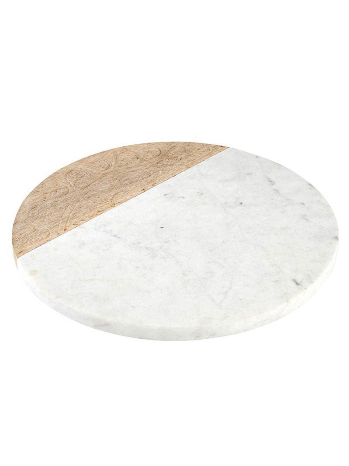 This gorgeous unique 12in round board is mixed with white marble and natural mango wood. Use this board to display appetizers, cheeses and charcuterie available at KYA Home Decor