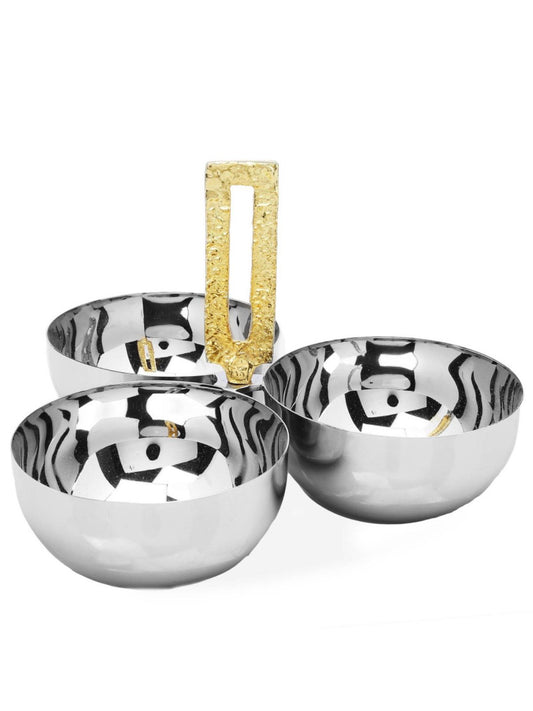 3-Bowl Stainless Steel Server Dish with Gold Loop Handle
