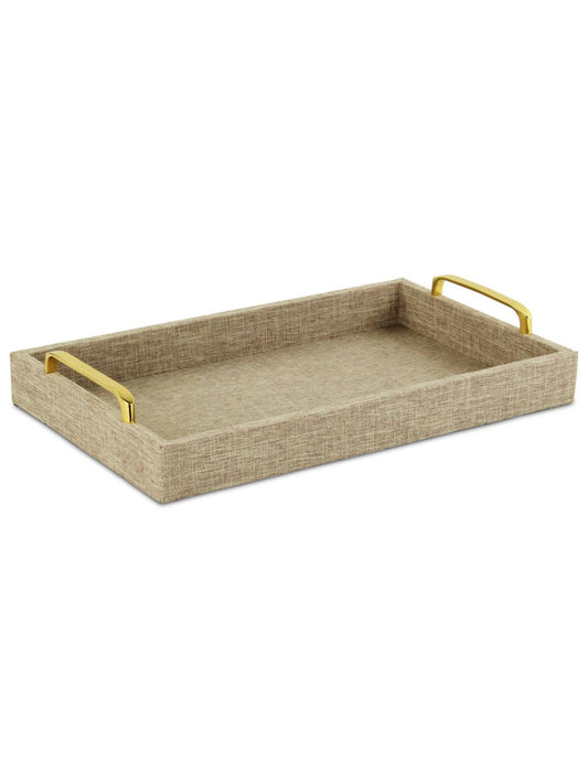 The Isola Di Canter Linen Tray in Beige is an entirely handmade and hand-crafted design that blends an engineered wood frame with a linen outer fabric and metal hardware.