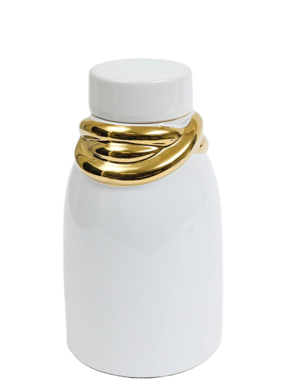 White Glossy Ceramic Lidded Jar with Stunning Gold Details, 6W x 10.5H.