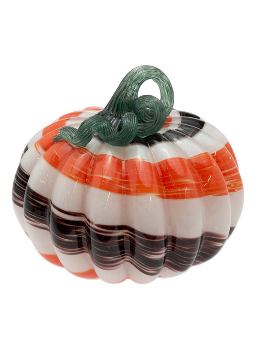 Add elegance to your fall decor with these gorgeous handcrafted glass pumpkins. This classic seasonal accent has an autumn swirl design with a green stem! A pretty pumpkin palette for your fall dining and decor.
