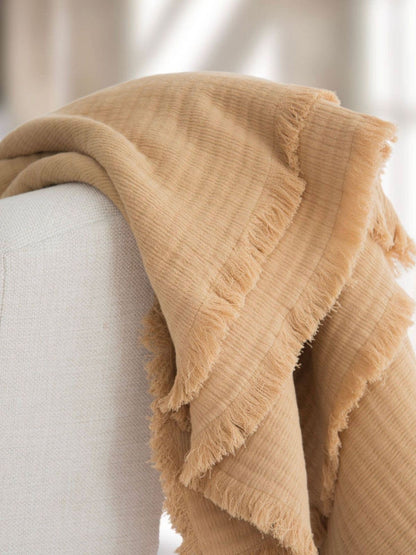 100% Cloud Gauze Cotton Throw Blanket with Frayed Edge in Beige color Sold by KYA Home Decor.