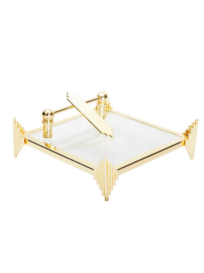 7 inch Squared Glass Base Napkin Holder with Luxury Gold Diamond Design and Gold Symmetrical Tongue.