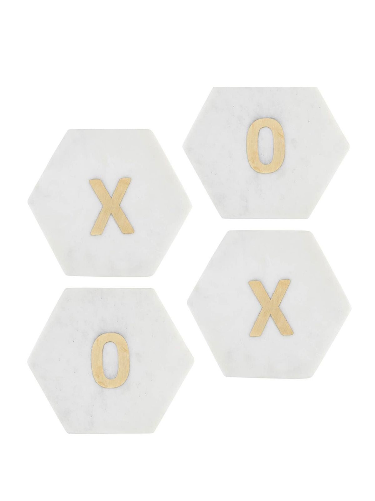 Add a loving touch to your home with our White Marble XOXO Coaster Set. This set includes 4 white marble coasters in the shape of hexagons, 2 with an X and 2 with an O at the center. Available at KYA Home Decor