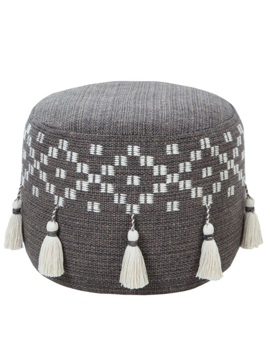The Beatrice Pouf In Grey, Brown & Ivory is Upholstered in a fabric blend that is handcrafted by skilled weavers, 