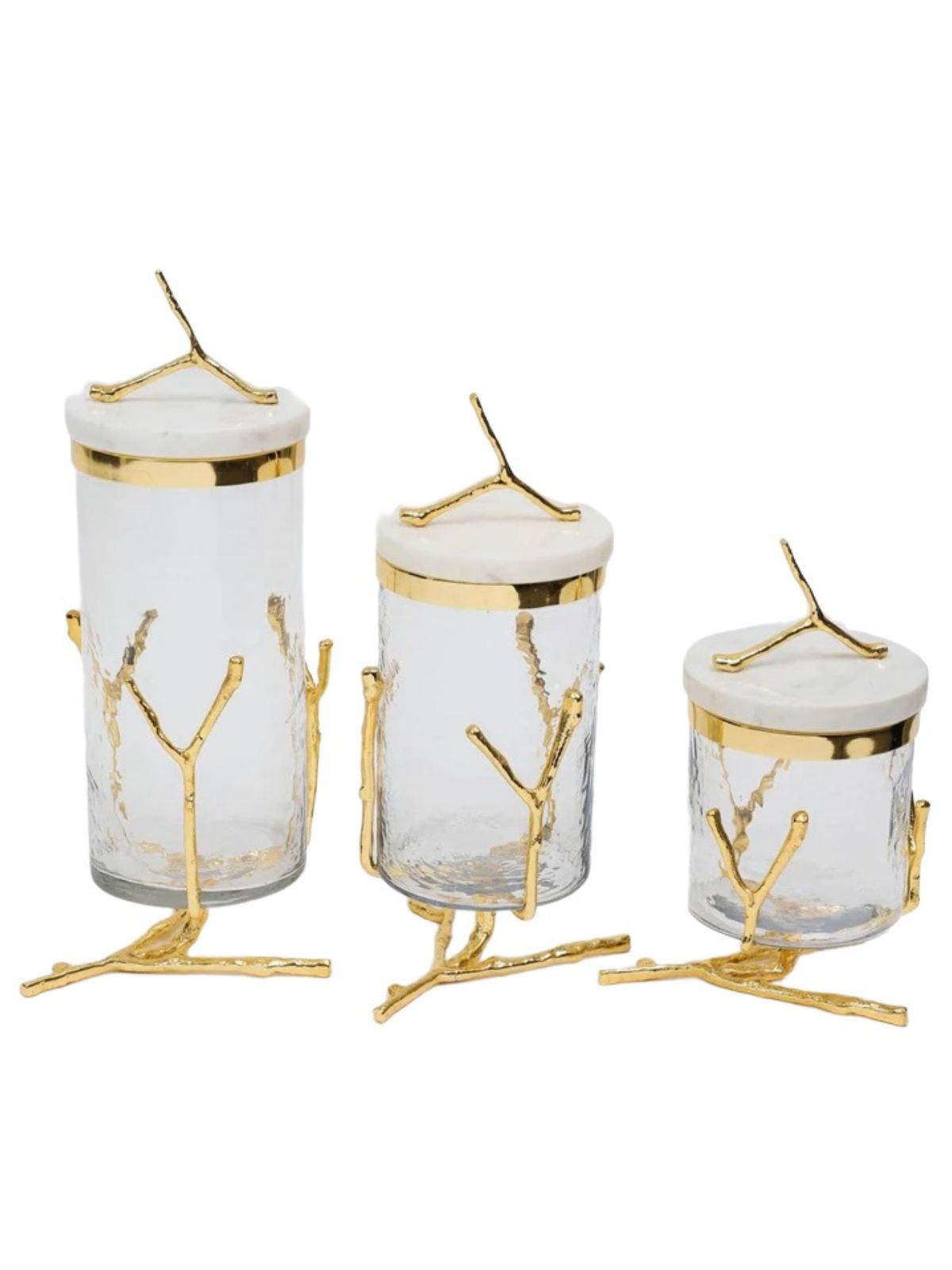 Luxury Glass Canister With Gold Twig Base and Marble Lid with Gold Twig Knob, 3 Sizes - KYA Home Decor. 