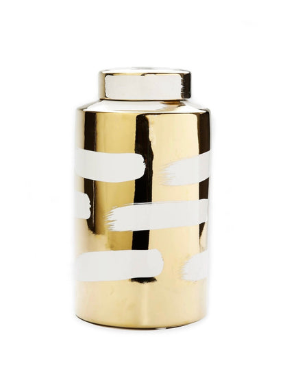 9H Gold Ceramic Decorative Jar With Lid and Luxurious White Brushstroke Design - KYA Home Decor
