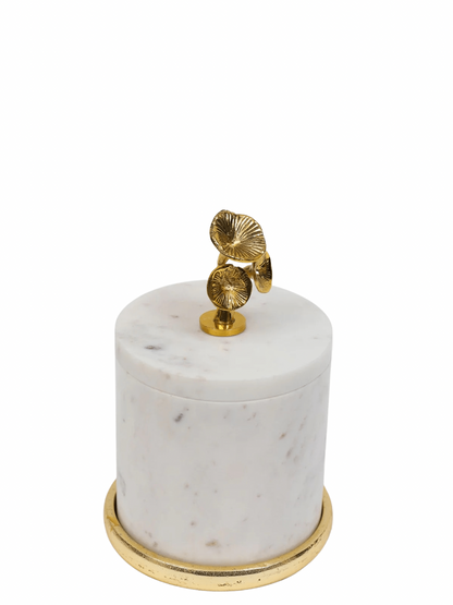 5.5H White Marble Canisters with Gold Metal Floral Design on Lids - KYA Home Decor.