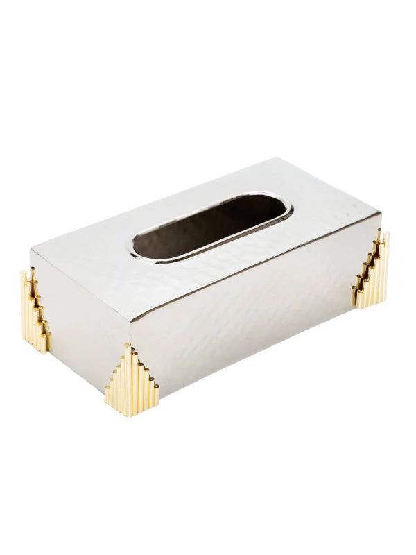 This tissue box holder features a lustrous stainless steel finish and gold diamond design. Measures 10.5L x 5.5W.