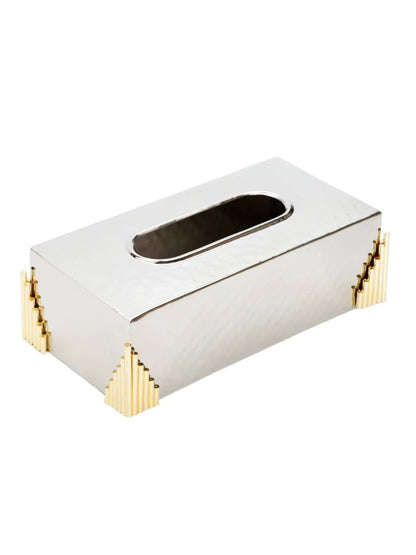 This tissue box holder features a lustrous stainless steel finish and gold diamond design. Measures 10.5L x 5.5W.