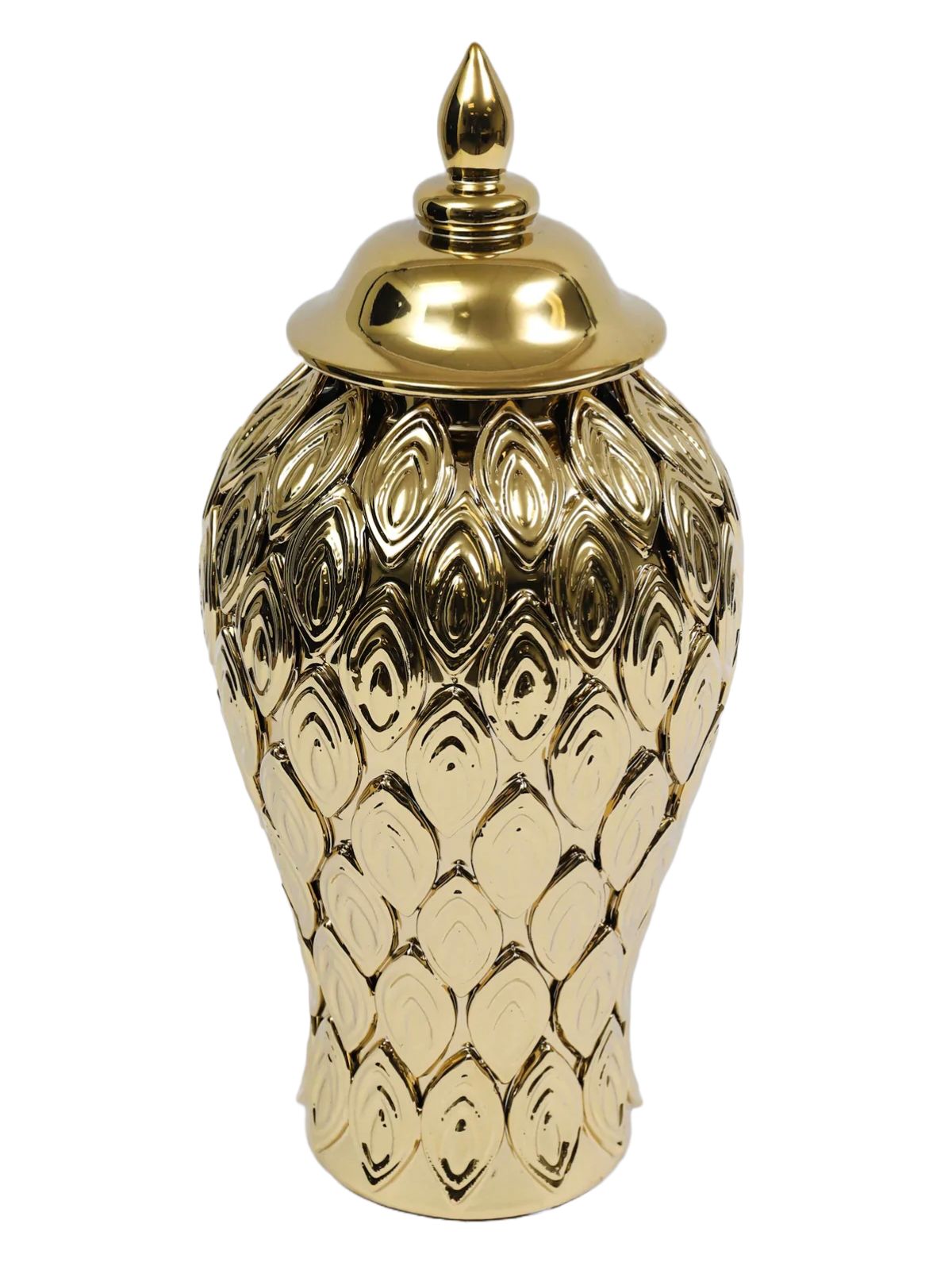 24H Gold Ceramic Ginger Jar With Gold Flower Petals and Removable Lid. Sold by KYA Home Decor.
