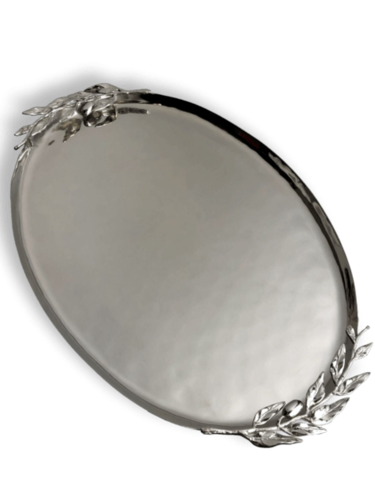 23 inch Stainless Steel Centerpiece Serving Tray with hammered textures and olive leaf designs on the edges, Sold by KYA Home Decor.