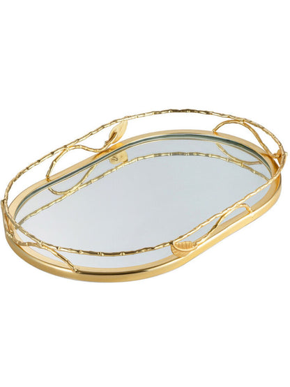 16D Oval mirror decorative tray with luxury gold leaf designed metal frame sold by KYA Home Decor.