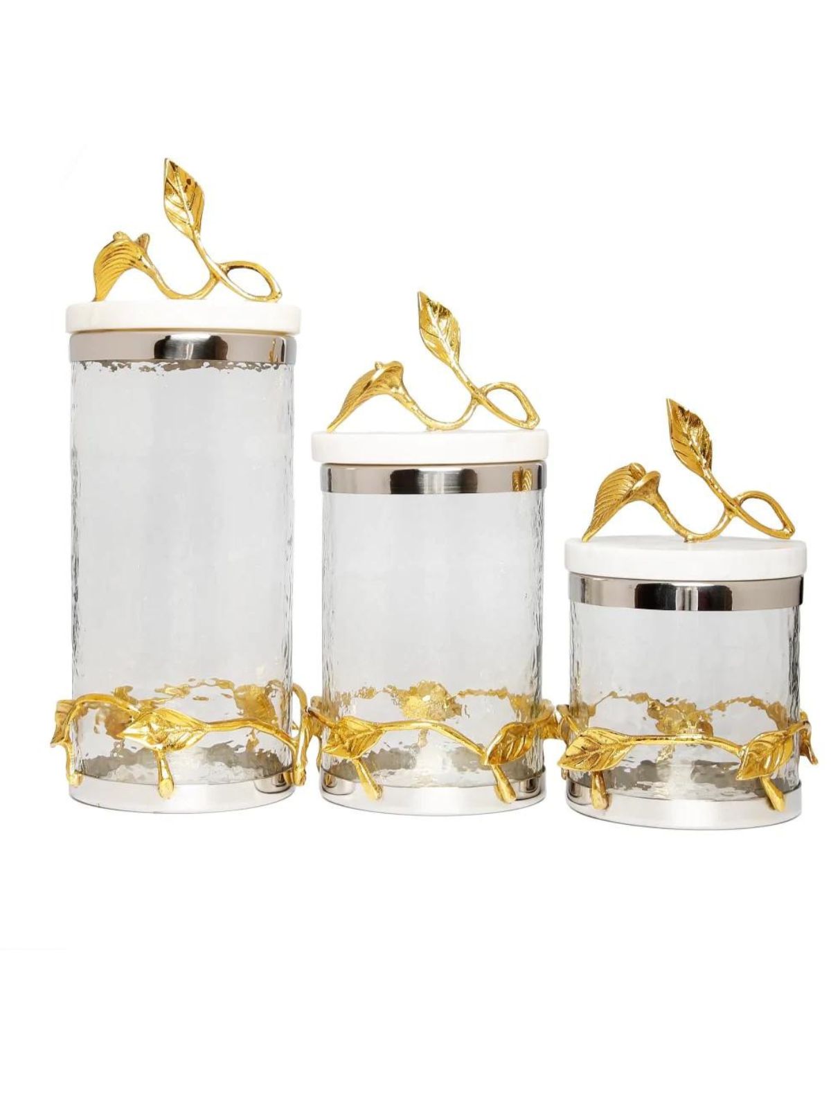 Luxury Glass Kitchen Canister With Gold Leaf Design and Marble Lid, 3 sizes - KYA Home Decor.