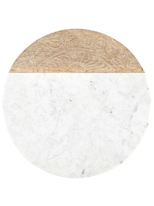 This gorgeous unique 12in round board is mixed with white marble and natural mango wood. Use this board to display appetizers, cheeses and charcuterie available at KYA Home Decor