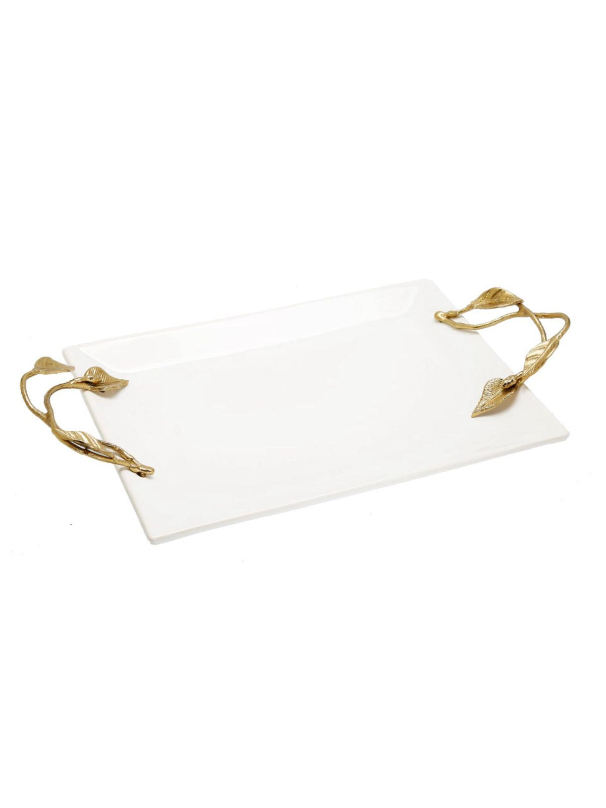 White Ceramic Tray with Gold Leaf Designed Handles, Side View.
