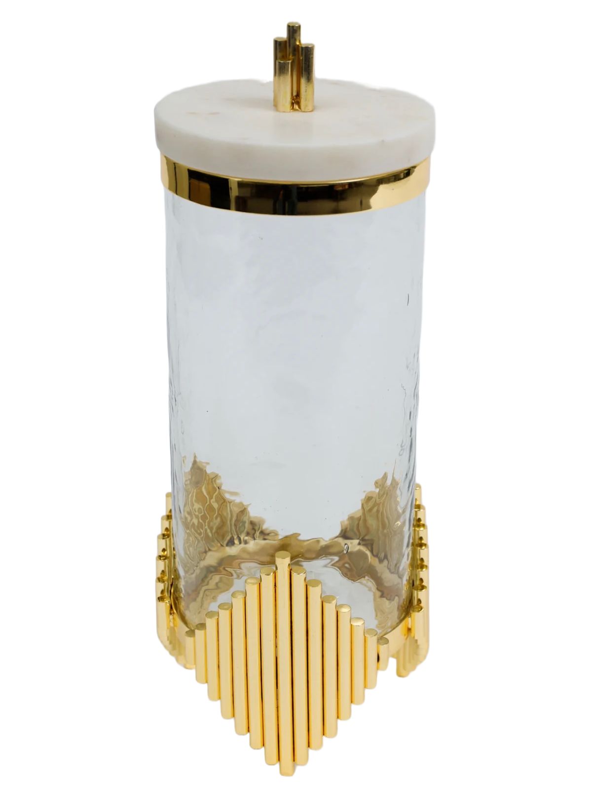 11H Luxurious glass canisters with gold metal diamond shaped base and marble lid - KYA Home Decor.