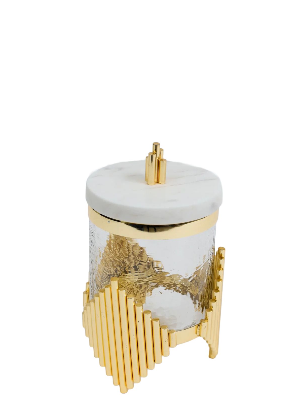 7H Luxurious glass canisters with gold metal diamond shaped base and marble lid - KYA Home Decor.