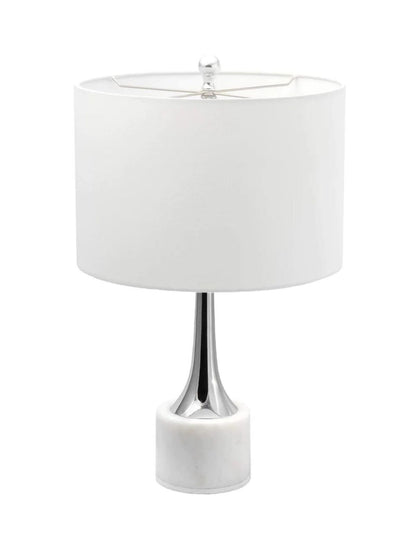 White and Silver Table Lamp on Marble Base, 26 inch Tall.
