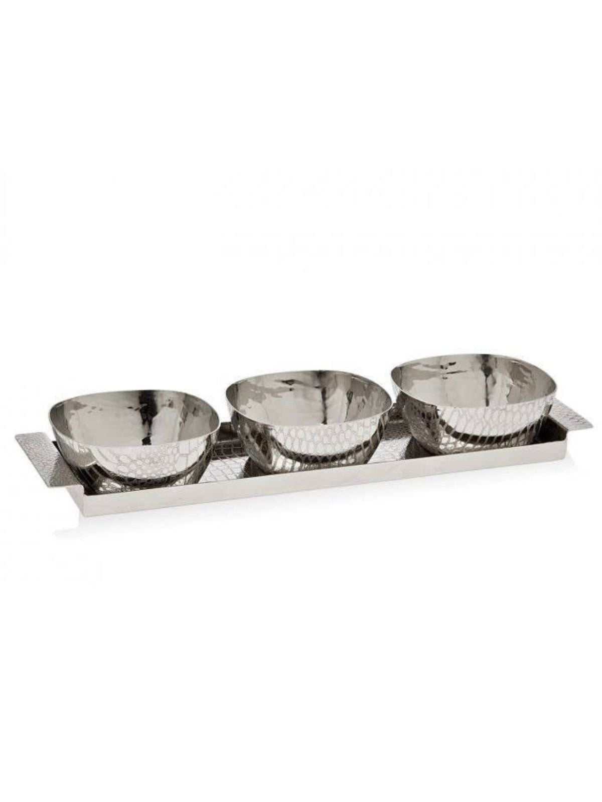 Give a modern touch to your kitchen with this crocodile design rectangular tray and three stainless steel square serving bowls.