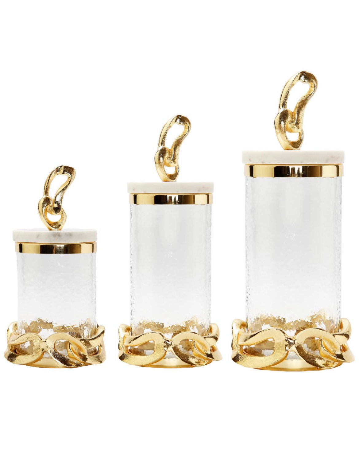 The Catena D’ Oro Glass Canisters has a beautiful gold chain design nestled at the bottom and top with a Marble Lid  available in 3 Sizes from KYA Home Decor