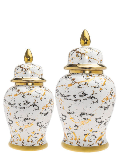 Marble Print Porcelain Ginger Jar with an elegant gold-tone rim and base. Available in 2 sizes