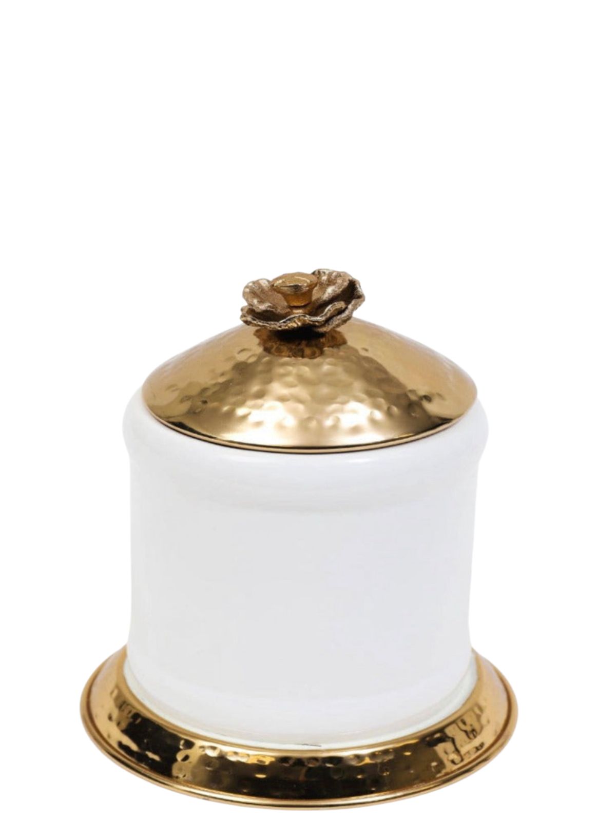 8H Luxury white ceramic canisters with gold base and gold hammered lid with floral details - KYA Home Decor.